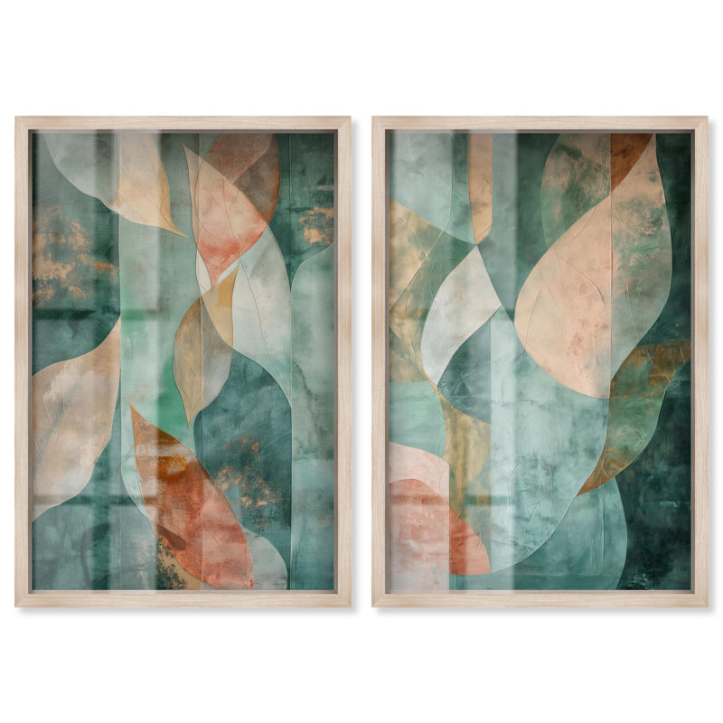 «Emerald Ember Duo Shadowbox», ensemble d'art mural Sage Gold par Art Remedy, H 46 po x l 31 po, Blonde Frame