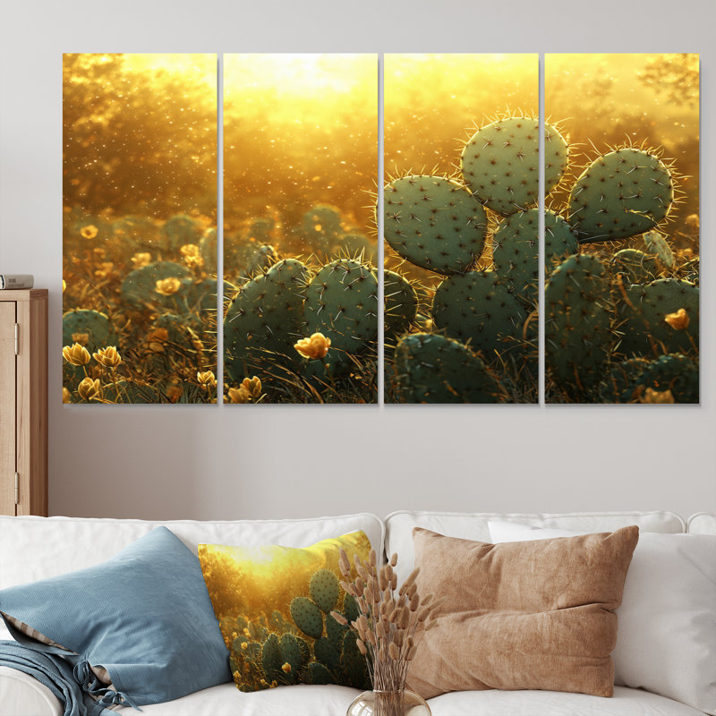 Cactus dans la lumière dorée I - décoration murale cactus floral - art mural traditionnel, H 32 po x l 64 po, 4