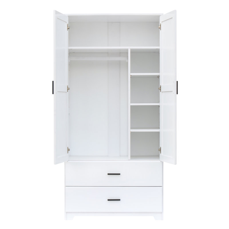 Armoire en bois massif avec 2 tiroirs en blanc massif teinté, Blanc uni peint