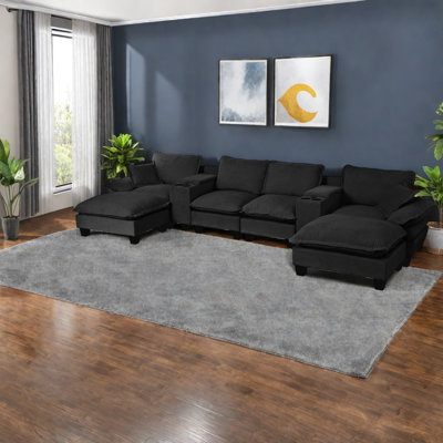 Canapés modernes en chenille noire, en forme de U avec rangement et ports USB pour le salon
