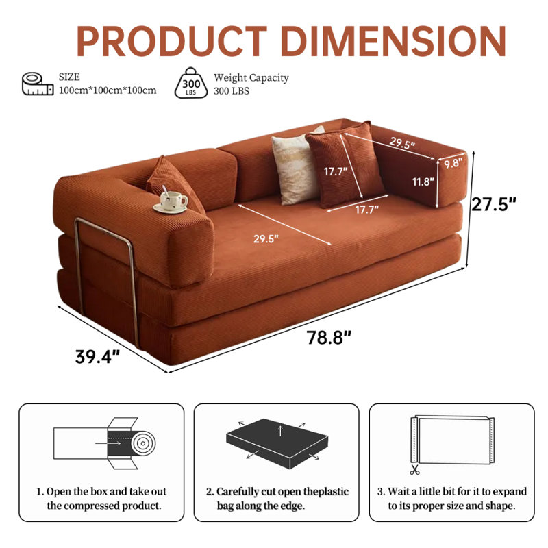 Canapé-lit modulaire convertible 2-en-1 avec matelas en mousse à mémoire de forme - aucun assemblage requis, canapé-lit peu encombrant pour salon, chambre à coucher, studio-2M6003-BRO