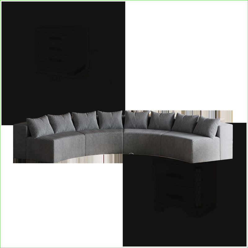 Canapé modulaire, canapé modulaire symétrique courbé à 4 modules avec 8 coussins, pour le salon, la chambre et le bureau | Velours côtelé | Gris