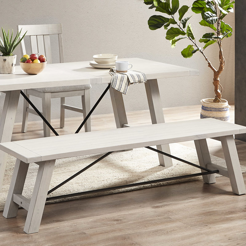 Banc de salle à manger en bois massif rustique, métal inclus, blanc délavé, 3 places, banc d'une capacité de 400 lb