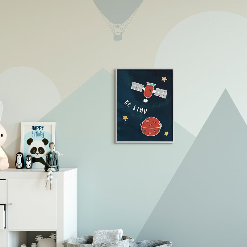 Be Be, phrase, planète rouge, satellite et étoiles, Cadre gris, H 20 po x l 16 po x P 1,5 po