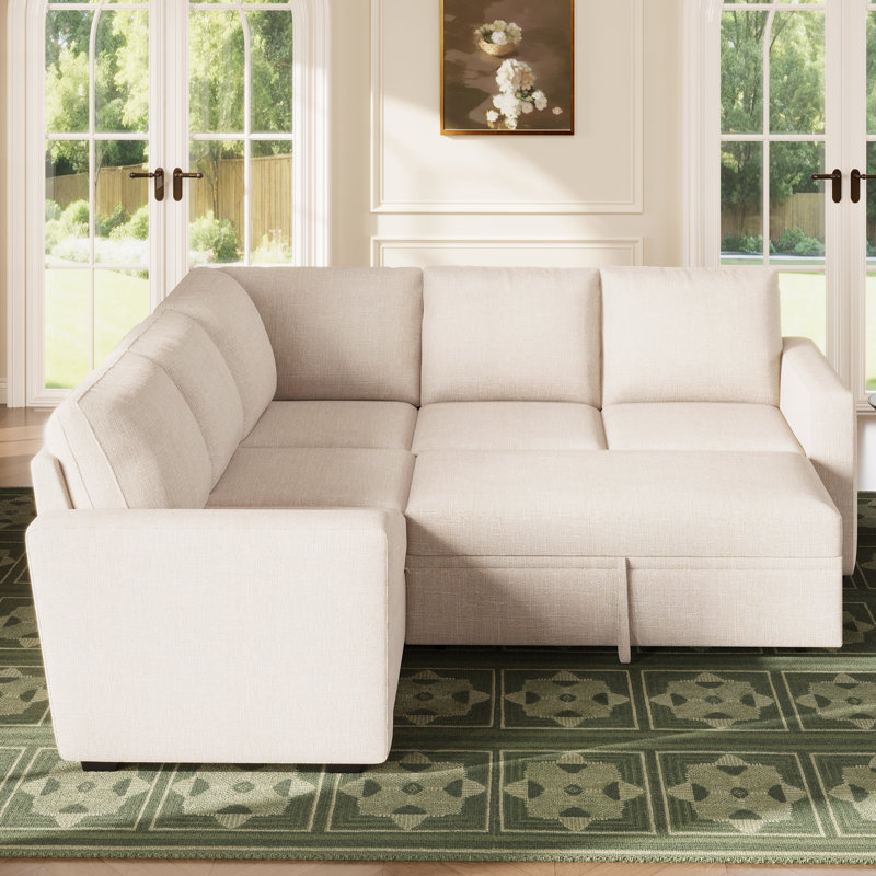 Hoelscher L-shaped Sleeper Sectional Upholstered Sofa Bed With Storage Space Beige, Beige Polyester