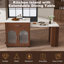 Îlot de cuisine extensible avec table de salle à manger, chariot de rangement mobile à finition noyer avec armoire et 2 tiroirs, comptoir à grain de marbre avec prise de courant