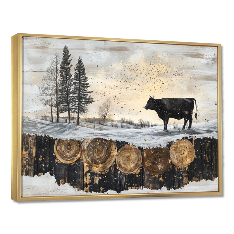 «Dropati Cow Into A A Bold Farm Landscape III», art mural ferme, H 30 po x l 40 po, Impression encadrée flottante, Doré
