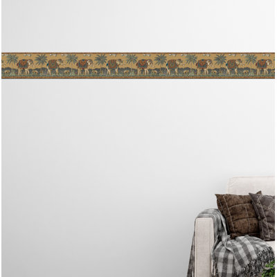 Bordure de papier peint à peler et coller - Éléphants, rouge, bleu, moutarde, beige, motif rétro, 15 pi. X 7 po, auto-adhésif