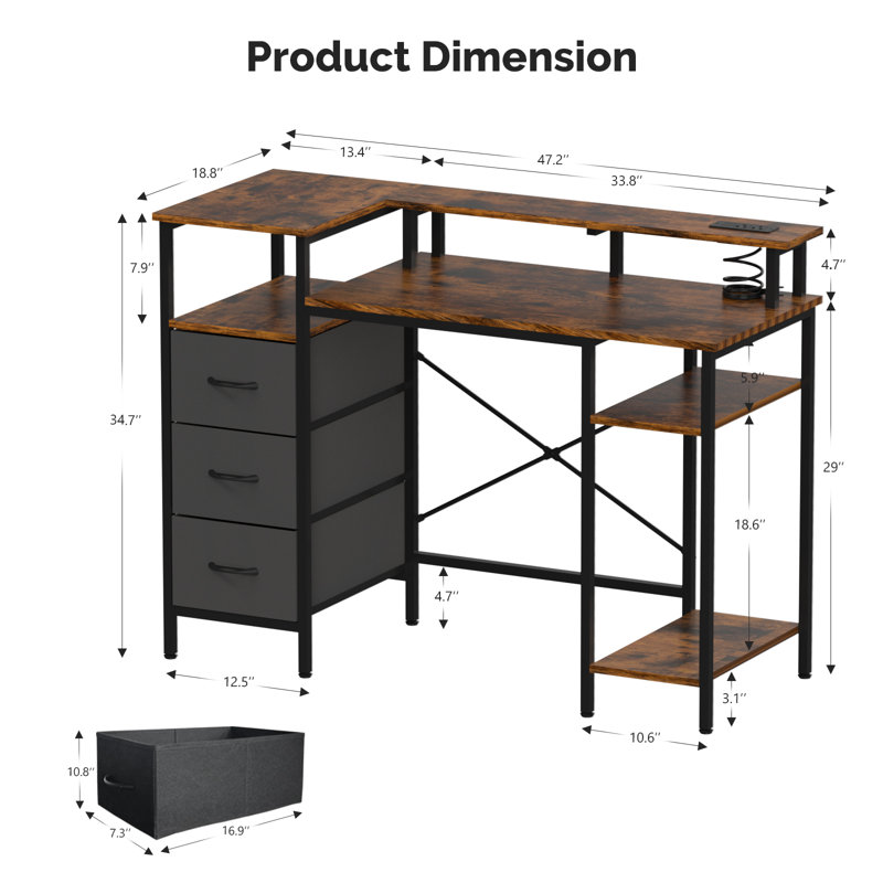 47'' Computer Gaming Office Desk With Charging Station & Storage Drawers, Versatile Writing Work Desk For Home Office Study