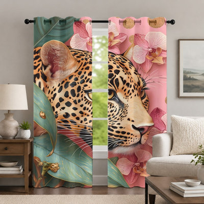 2 pièces rideaux à imprimé léopard et orchidée, rideau de style animal sauvage, drapeaux à motif floral de fleurs tropicales vibrantes, habillage de fenêtre pour le décor de la chambre à coucher