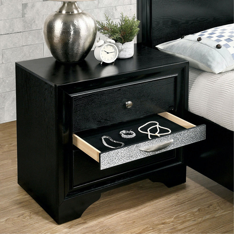 Table de chevet 3 tiroirs en bois avec boutons ronds en nickel, gris, Noir