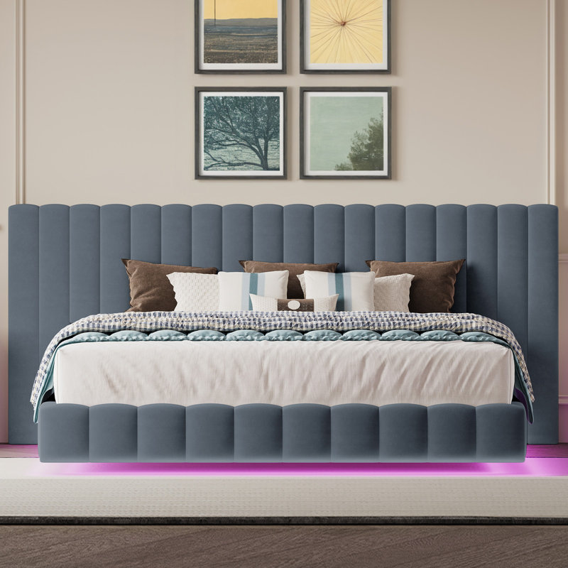 Floating Upholstered Bed Frame with Oversized Headboard and RGB LED Lighting, Gray, King