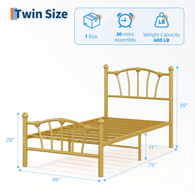 Heart-Shaped Metal Bed Frame – Heavy-Duty Sturdy Design, 600 Lbs Capacity, Gold, Twin