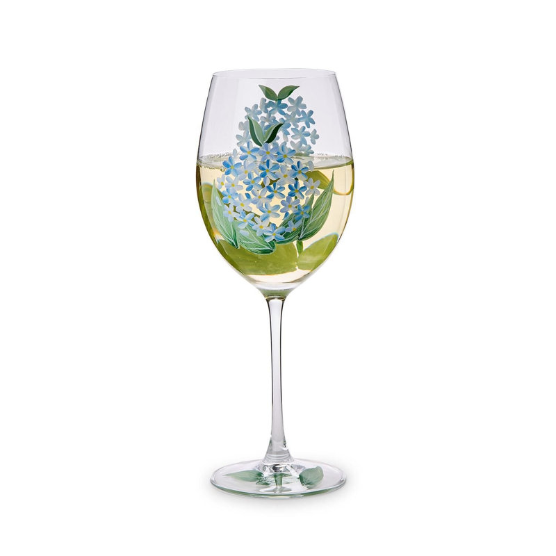 Ensemble de 4 verres à vin à pied peints à la main Hydrangea Blue - 9,75 po verrerie florale pour recevoir et offrir