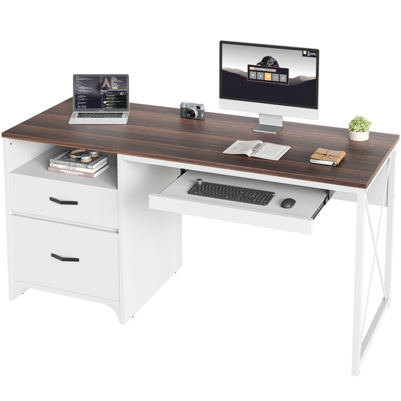 Bureau d'écriture avec plateau pour clavier Labelle, Noyer foncé / blanc