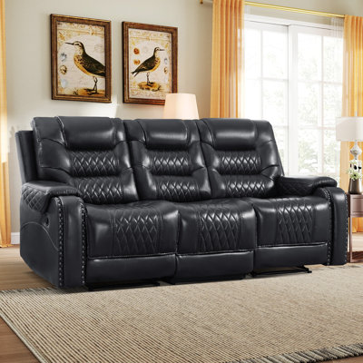 85'' Wide Modern Upholstered Faux Leather Manual Reclining Sofa With Hidden Console
