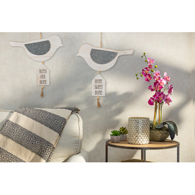 Set of 2 16.13-in H White Wood and Metal Hanging Bird Wall Decor