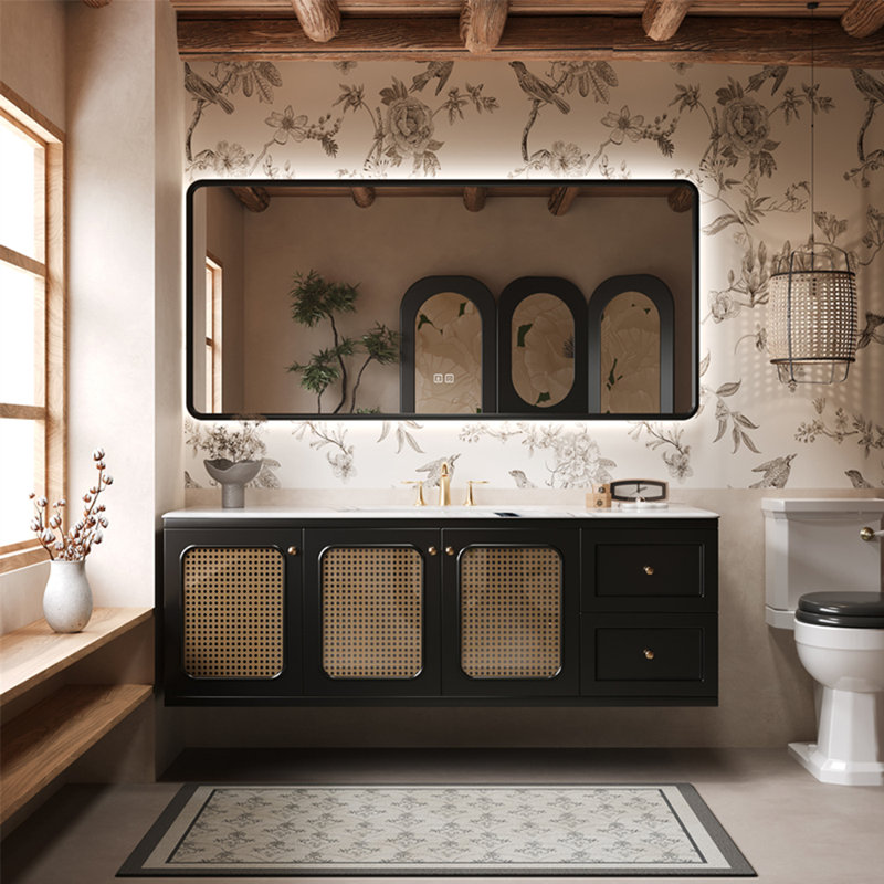 American-style retro rattan bathroom cabinet, 19.69" H x 51.18" W x 21.56" D