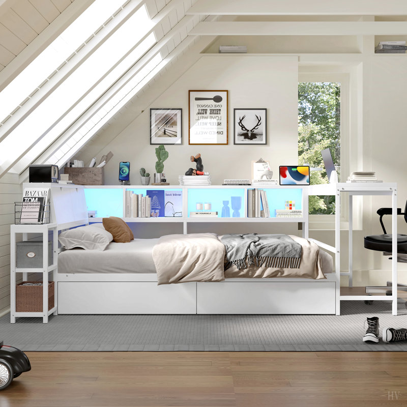 Structure de lit d'angle avec bibliothèque et 2 tiroirs de rangement sous le lit, lit moderne avec lumière DEL et station de charge, interchangeable gauche et droite