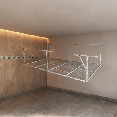 Ceiling-Mounted Overhead Garage Storage Rack Heavy-Duty Steel Storage White-Toned 3 x 8 Foot Adjustable 600 Pound Load Capacity