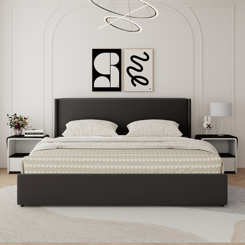 Jaylei 4 Drawers Upholstered Storage Bed with Wingback Headboard, Black, King