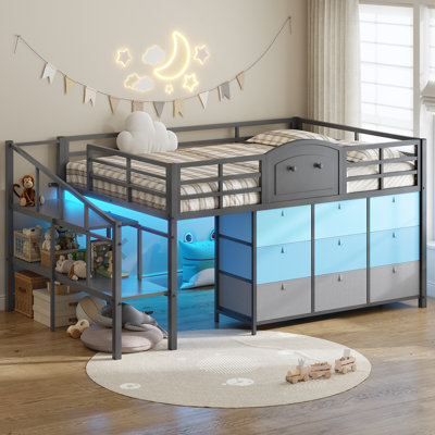 Low Loft Bed with 9 Drawers, Full Size Metal Loft Bed with LED Lights & Under-Bed Hideaway Space, Gray