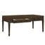 Table basse en bois brun foncé avec deux tiroirs et protection de plancher
