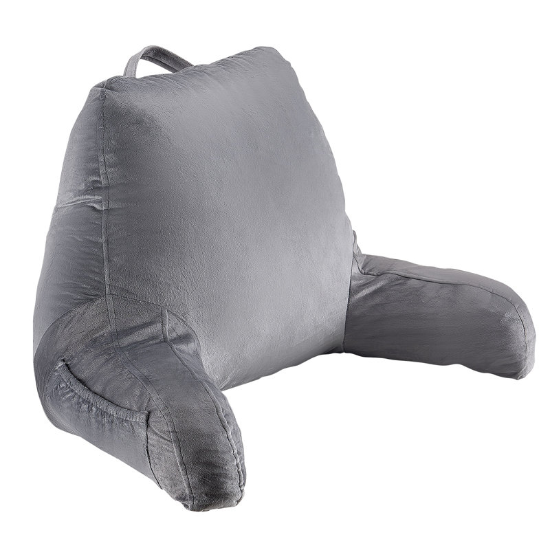 Coussin de lecture, coussin de lit de taille standard avec mousse à mémoire de forme déchiquetée, coussin de dossier avec 3 poches et tissu de velours court lavable, plateau avec poignée, pour regarder la télévision, lire, jouer, se reposer, gris