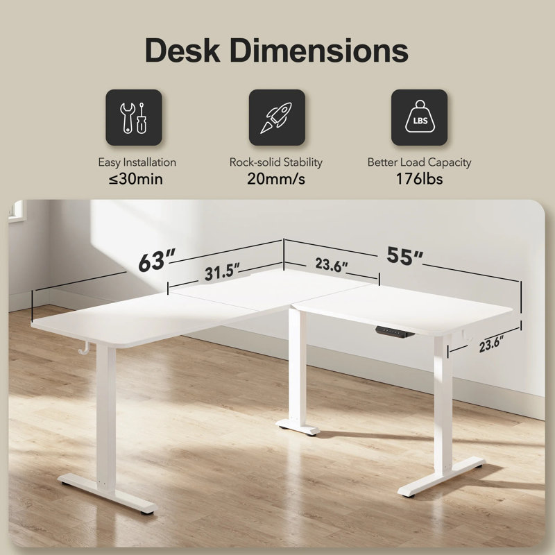 63" L-Shaped Standing Desk with Memory Height Controller, Adjustable Corner Desk for Home Office, White/White