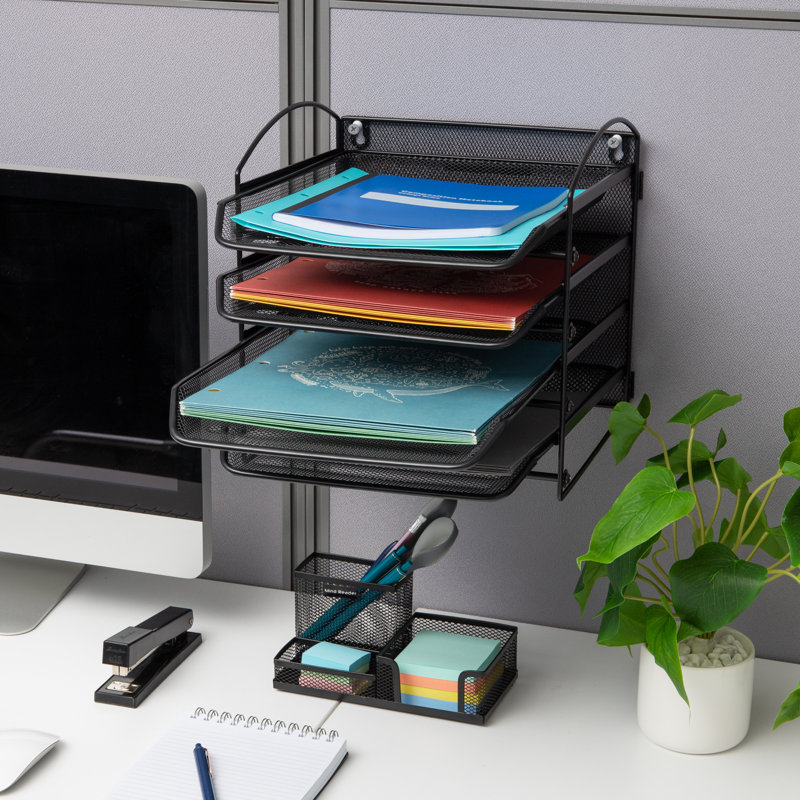 Black Metal Mesh 4-Tier Wall Mountable Letter Tray