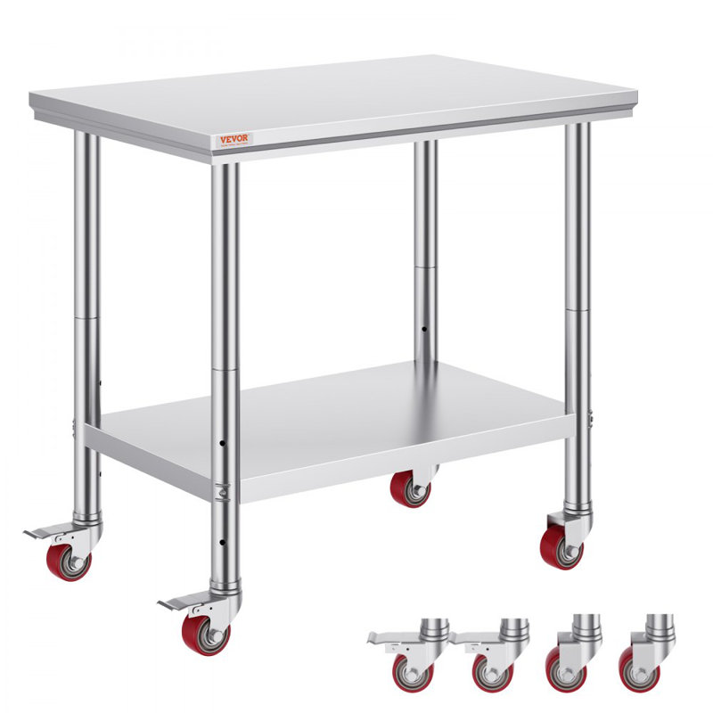 Stainless Steel Work Table 36x24 Inch with 4 Wheels Commercial Food Prep Worktable