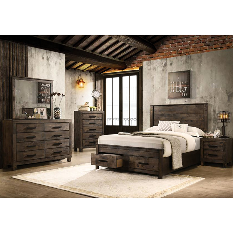 Table de chevet de chambre rustique avec 2 tiroirs et 2 pieds en bois brossé au fini brun mat