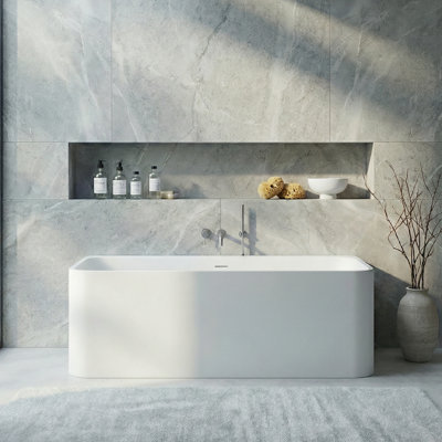 63" Rectangular Back To Wall Freestanding Soaking Solid Surface Bathtub, Matte White Stone Resin Bath Tub With Overflow & Pop-up Drain For Bathroom