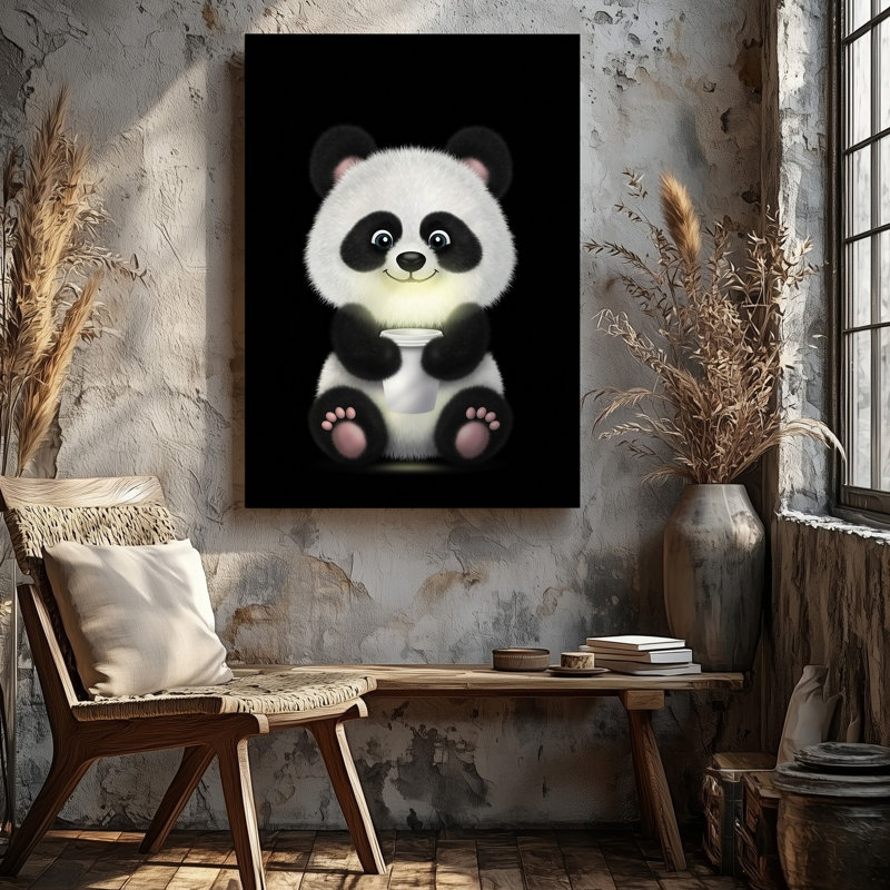 Toile, un joli panda de style dessin animé avec de la fourrure noire et blanche moelleuse est assis dans un environnement sombre tenant une tasse brillante pour l'art mural moderne sur toile