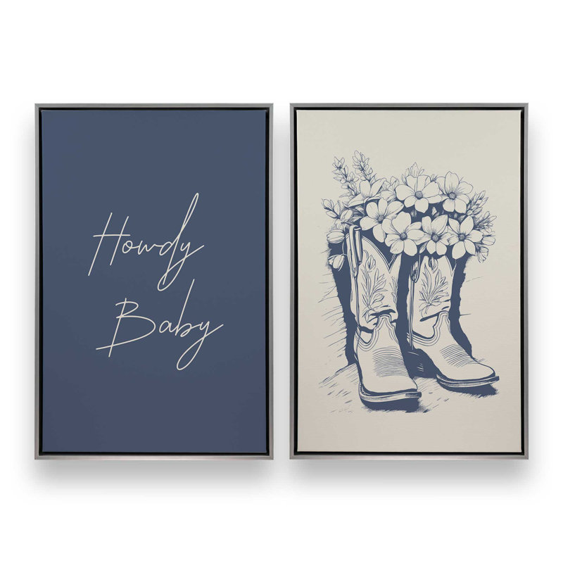 Ensemble de 2 bottes de cowboy bleu marine en fleurs, H 49 po x l 66 po, Cadre flottant en chrome poli