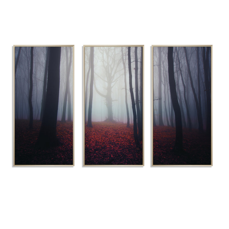 «Dark Spooky Misty Forest», 3 pièces, cadre flottant, impression sur toile, H 20 po x l 36 po, Brun