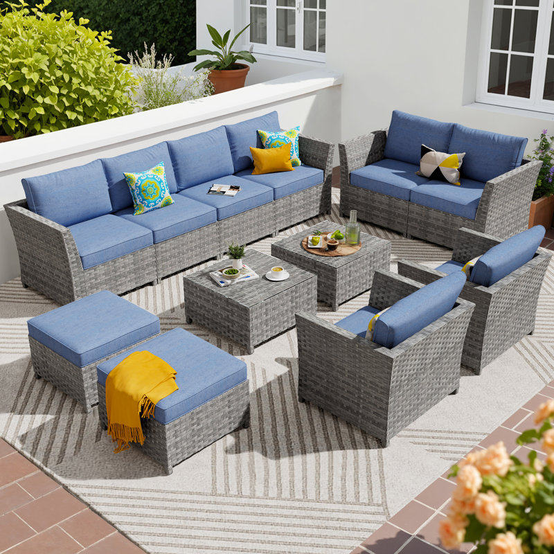 12- Piece No - Assembly Wicker Outdoor Patio Furniture Set with ottoman.include Cushions and table, Blue