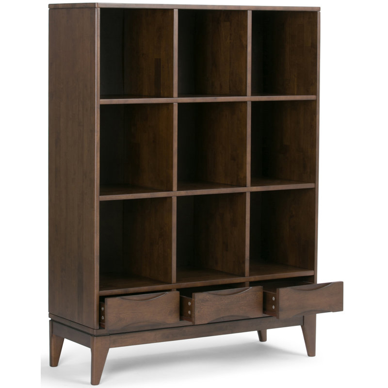 Bibliothèque en bois massif Mid-Century avec tiroirs, pieds fuselés et casiers ouverts Harper, Noyer brun