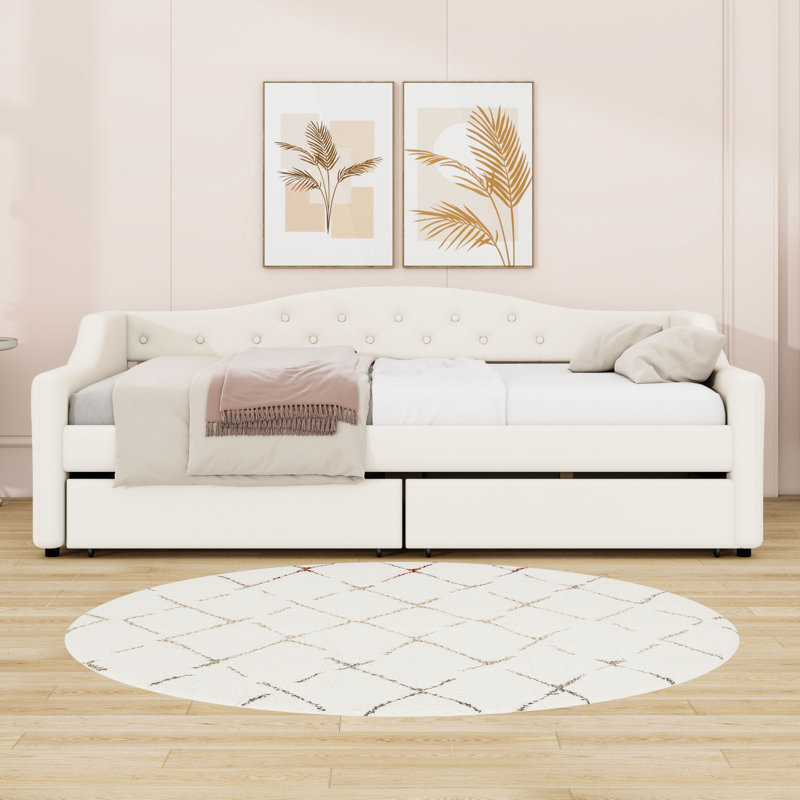 Twin XL Upholstered Daybed with LED Lighting and 2 Drawers, Beige