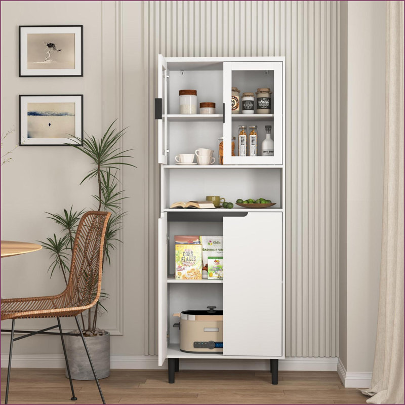 4-Door Tall Storage Bookcase with Tempered Glass, Adjustable Shelves | White MDF Engineered Wood