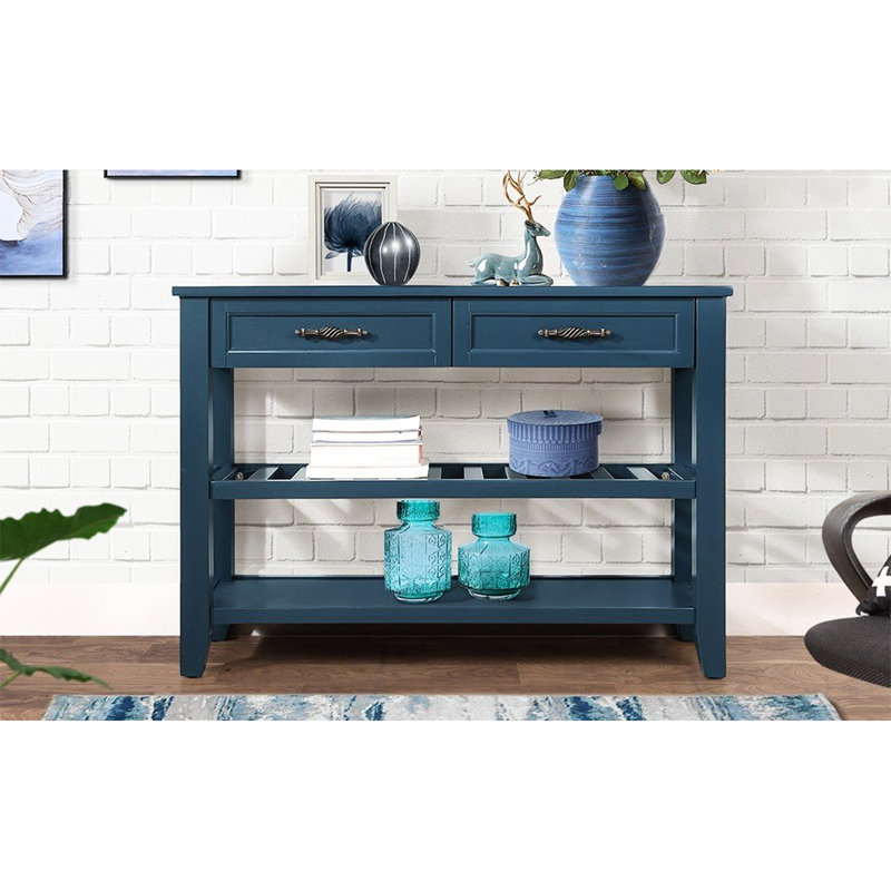 Console de 42 po avec beaucoup d'espace de rangement, buffet en bois massif de style Mid-Century bleu marine pour bureau avec 2 tiroirs et tablettes, salle à manger