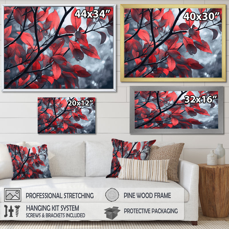 Feuilles rouges et grises sur un arbre I, H 12 po x l 20 po x P 1 po, Cadre flottant doré