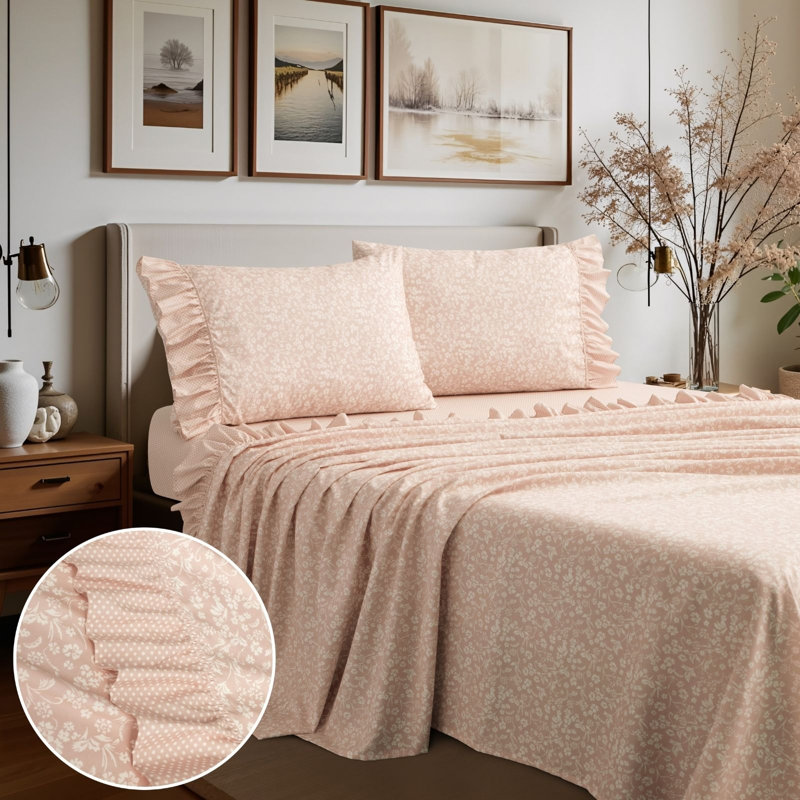 Printed Floral and Polka-Dot Ruffle Sheet Set, Queen, Blush