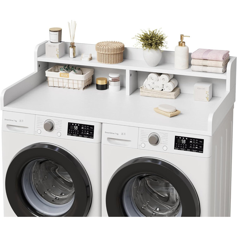 Comptoir laveuse-sécheuse à 2 niveaux 54 po x 27,5 po, tablette / tiroir avec coussin antidérapant, blanc, Blanc