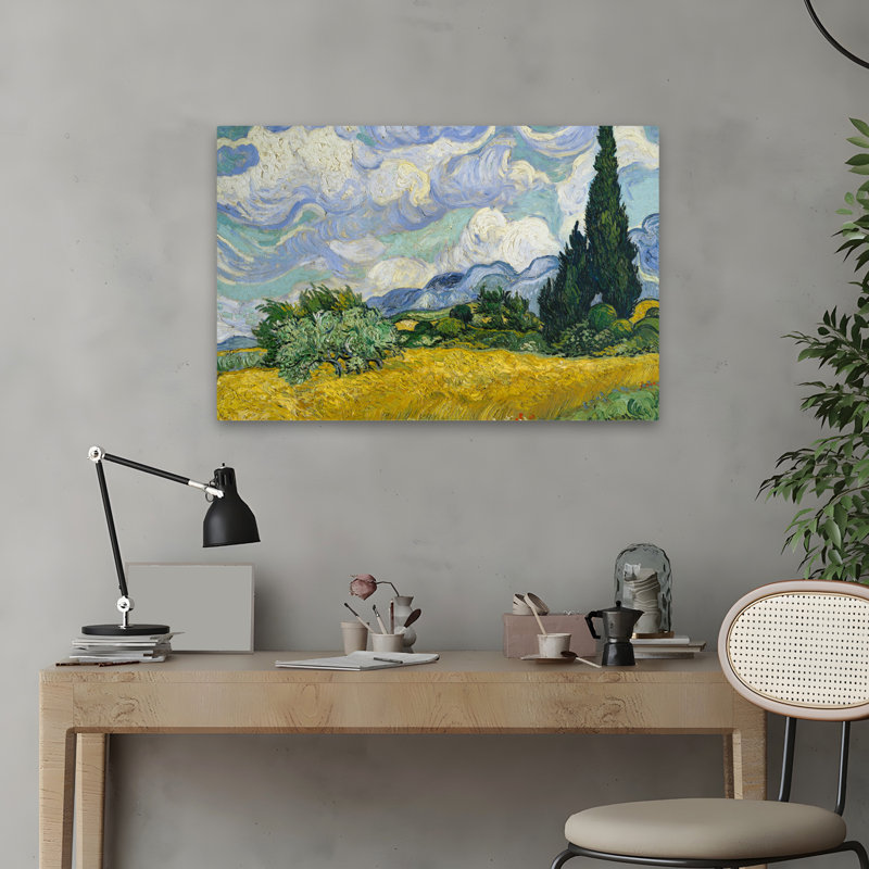Champ de blé avec cyprès - musée d'arbres rétro, art, H 16 po x l 24 po