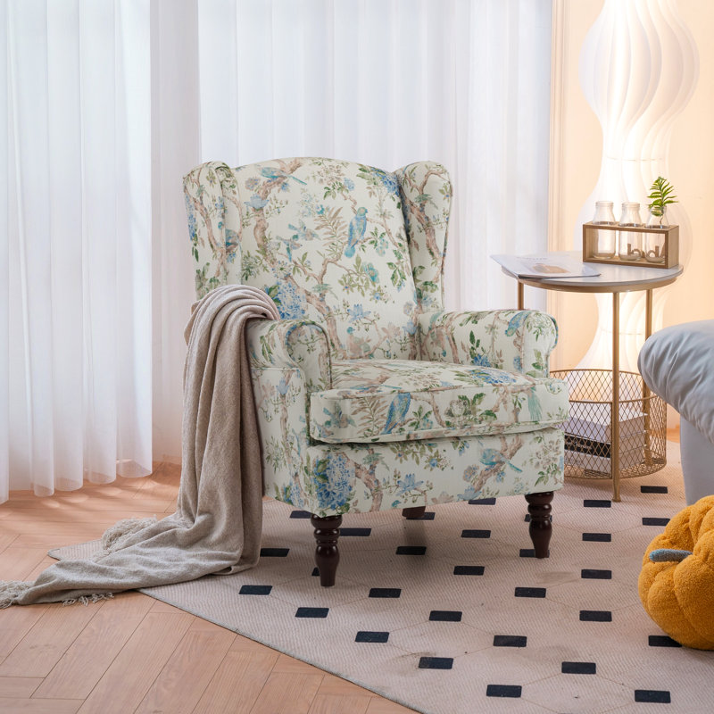 Fauteuil rembourré en lin avec pieds en bois massif, Brun / fleurs vertes