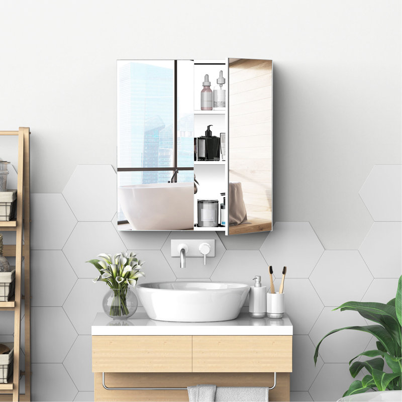 Bathroom Mirrored Cabinet, 24"X26" Stainless Steel Frame Medicine Cabinet, Wall-Mounted Storage Organizer With Double Doors, Silver