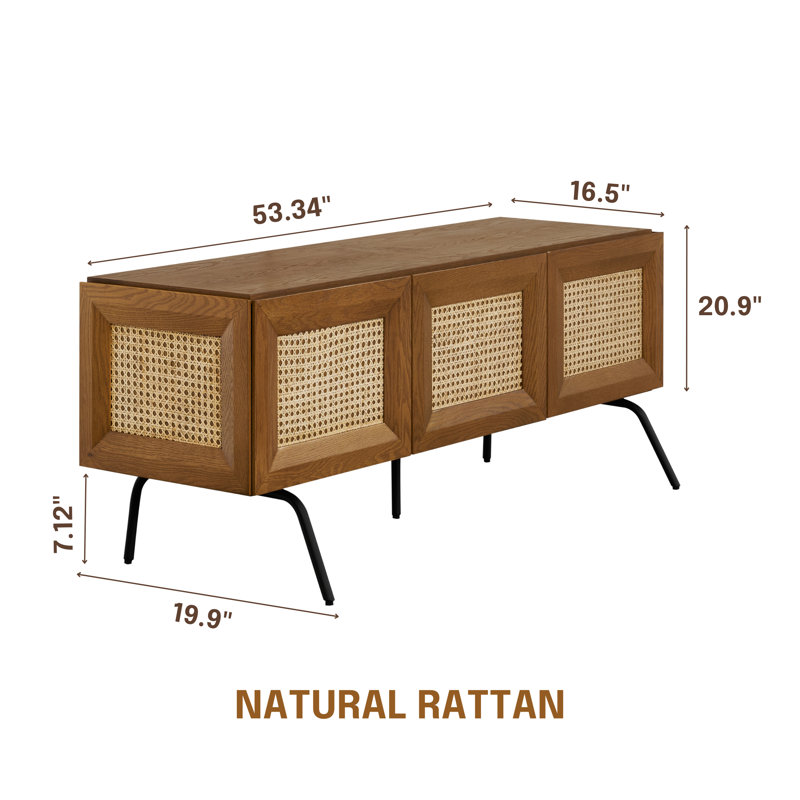  NTC Mossic TV Media Cabinet, Entertainment Center with Natural Rattan, Metal Legs, Modern Storage Console for Living Room and Bedroom, Effortless Assembly