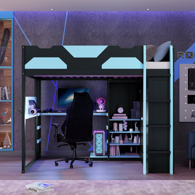 Full Size Wood Loft Bed With Desk, Multi-Storage Shelves,USB And RGB Light, Cloud Blue