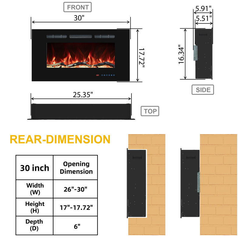Berni Powder Coated Electric Fireplace with 5120 BTU, 17.7" H x 30" W x 5.5" D, Black